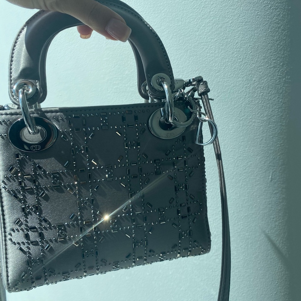 Satin Crystal Cannage Mini Lady Dior Gray